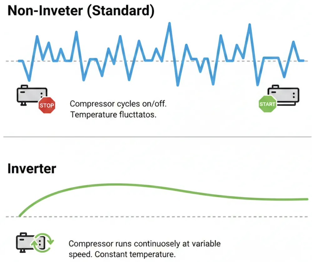 Графика сравнение на температурата при инверторен и обикновен климатик